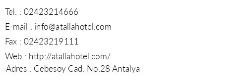 Atalla Hotel telefon numaralar, faks, e-mail, posta adresi ve iletiim bilgileri
